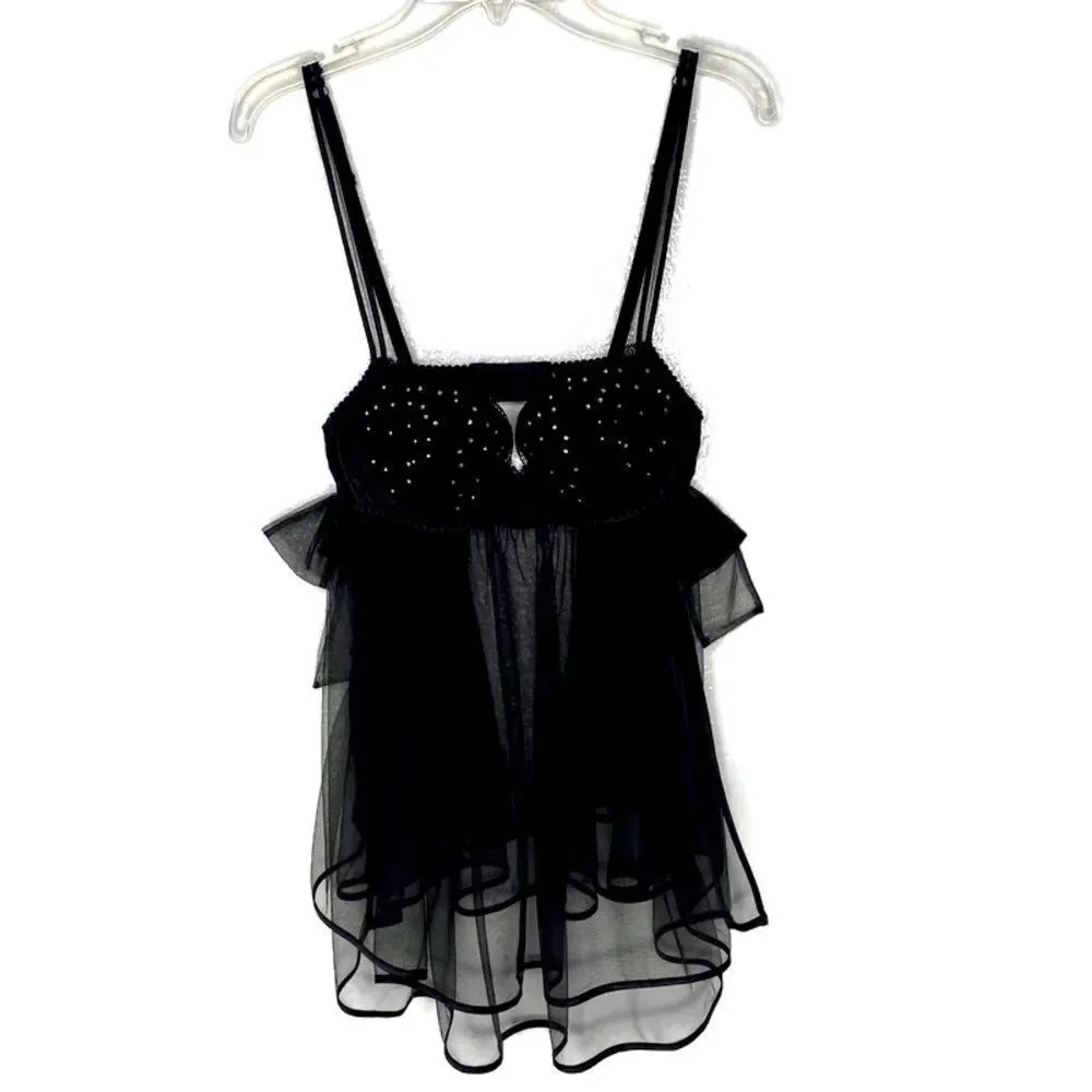 Victoria’s Secret Black Chiffon Babydoll Slip W/ Rhinestone Embellished …